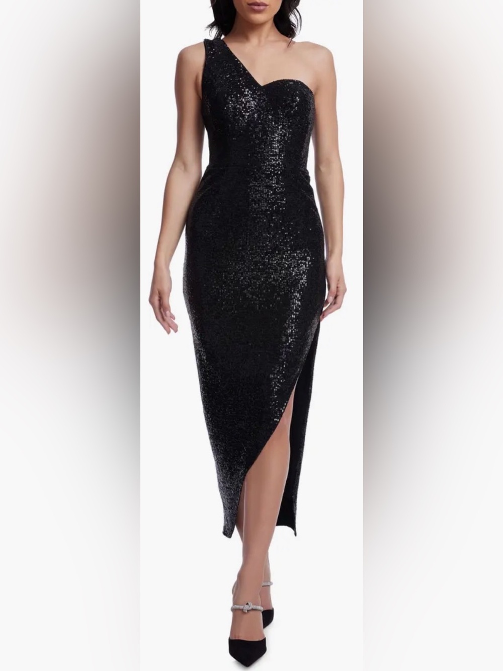 New Dress The Population Magnolia One-Shoulder Asymmetric Sequin Black Dress S